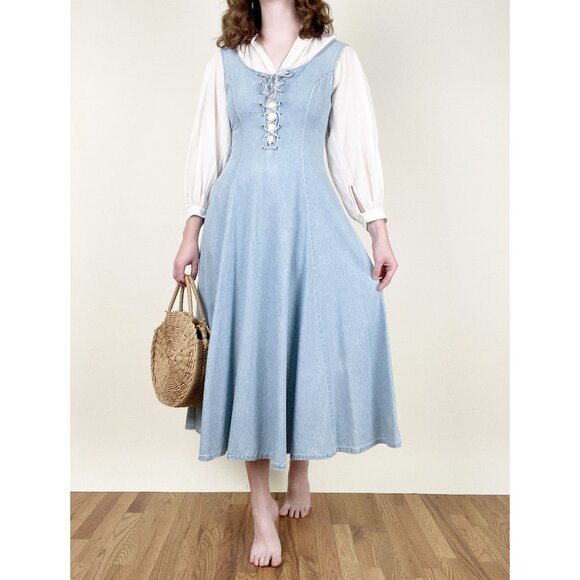 Vintage Lace Up Corset Midi Maxi Dress Summer Sun A-line Whimsigoth Cottagecore - Picture 1 of 10